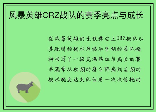 风暴英雄ORZ战队的赛季亮点与成长