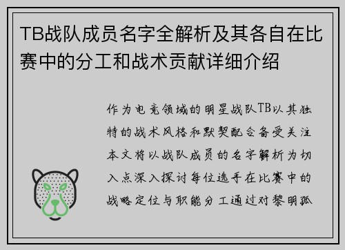 TB战队成员名字全解析及其各自在比赛中的分工和战术贡献详细介绍